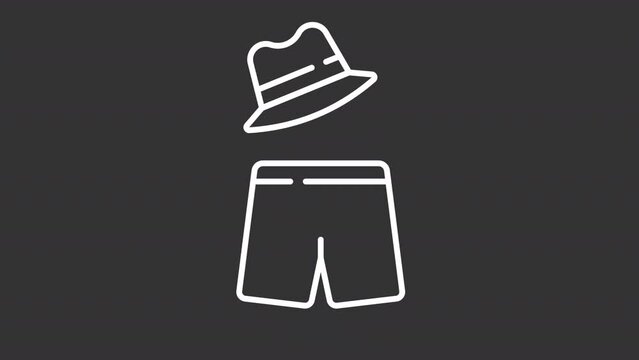 Beach apparel white line animation. Swimwear and hat for men. Summertime. Loop HD video with chroma key, alpha channel on transparent background, black solid background. Outline graphic animation
