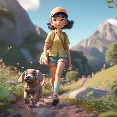 A girl walking a dog in a field with mountains Generative AI