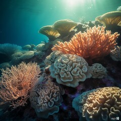 Fototapeta na wymiar Coral reef in the sea, colourful, sunlight