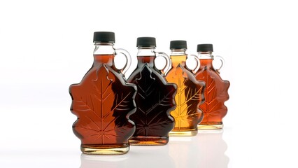 Maple syrup bottles in a row, golden, amber, dark and very dark grades