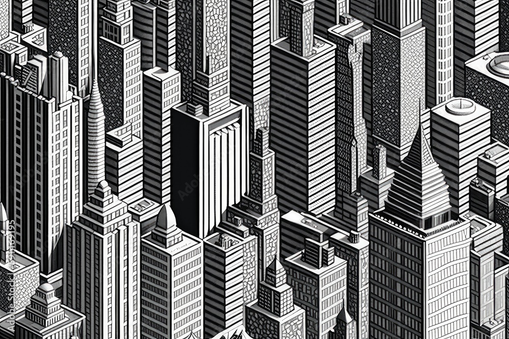 Wall mural monochromatic cityscape drawing with intricate details and textures. Generative AI