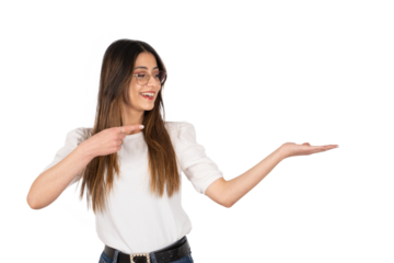 Transparent png, smiling happy young girl pointing finger.  Standing over isolated white background. Showing at open palm. Studio shot.  Copy space. Holding imaginary object, advertising concept idea.