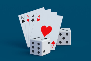 Playing cards and dice. Casino concept. Gambling. Success and victory. Big win. Loss and bankruptcy. 3d render