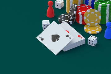 Playing chips, cards, figures and dice. Casino concept. Gambling. Success and victory. Big win. Loss and bankruptcy. Copy space. 3d render