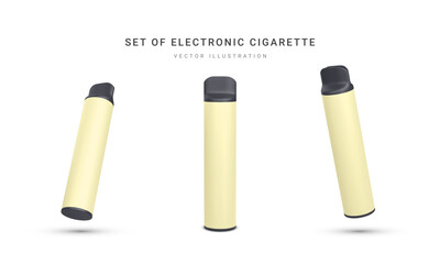 Set of 3d realistic disposable electronic cigarette isolated on white background. Modern smoking, vaping and nicotine with different flavors. Vector illustration