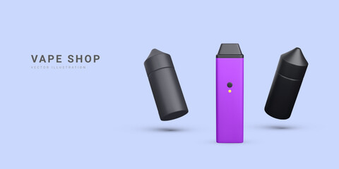 3d realistic promotion banner with disposable electronic cigarettes isolated on light background. Modern smoking, vaping and nicotine with different flavors. Vector illustration
