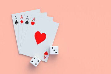 Playing cards and dice. Casino concept. Gambling. Success and victory. Big win. Loss and bankruptcy. Top view. Copy space. 3d render