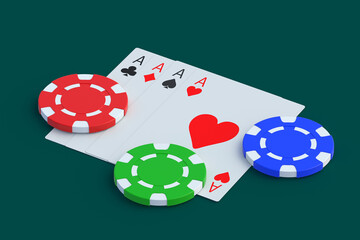 Playing chips and cards. Casino concept. Gambling. Success and victory. Big win. Loss and bankruptcy. 3d render