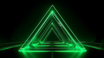 3d rendering, abstract green neon background with crystals and glowing triangular frame laser line. Fantastic virtual reality wallpaper