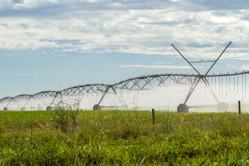 Detalhe de máquina de irrigação molhando a plantação que está crescendo, em um dia claro com algumas nuvens no céu.