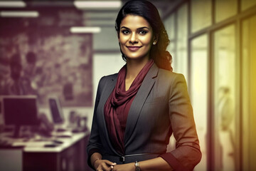 Young beautiful and charming Indian busineswoman smiling and standing in the office, AI created