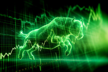Fierce Bull jumping through green stock market chart in huge up trend. Crypto Bull market concept with rising prices. Generative AI. 