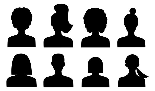 Isolated silhouettes of heads of women and men, avatars of female and male heads with outlines. Vector faceless illustration on transparent background.