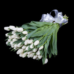 bouquet of white tulips carved on a black background