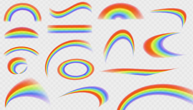 Different rainbow light shapes isolated. Refractions set, leak flare overlay, rainbow sunlight effect