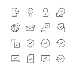 Set of approve and confirm icons, tick, choice, shield, document, folder and linear variety vectors.
