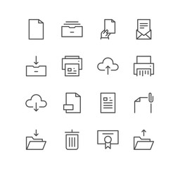 Set of business and technology icons, print, mail, upload, cloud, attachment and linear variety vectors.
