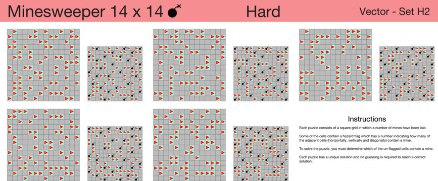 5 Hard Minesweeper 14 x 14 Puzzles. A set of scalable puzzles for kids and adults and ready for web use, or to be compiled into a standard or large print activity book.