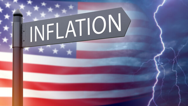 USA inflation. Thunderstorm near flag America. Inflationary crisis. Economic turmoil. Road sign with inscription inflation. Financial crisis in USA. Concept collapse due to rising prices. 3d image