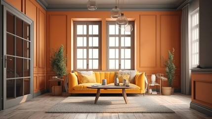 Cozy farmhouse living room interior, 3d render, Bright color. Generative Ai