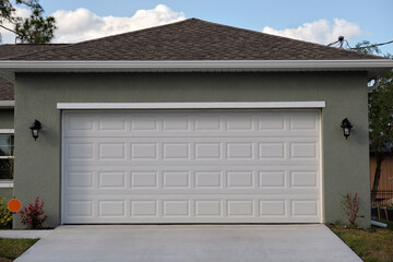 Wide garage double door and concrete driveway of new modern american house