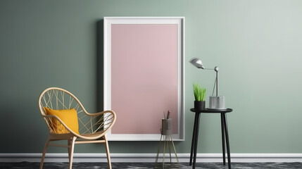 Blank wooden picture frame mockup on wall in modern interior. Generative Ai