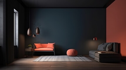 Home interior, dark room with minimal furniture, empty wall mockup, 3d render. Generative Ai