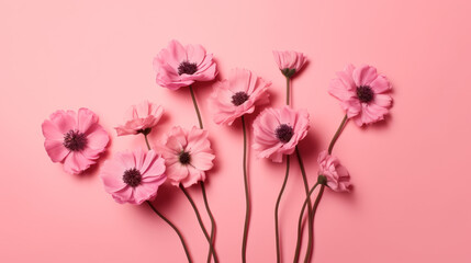 Bonito fondo rosa con flores irreales de tela o papel. Concepto celebraciones, invitaciones, dia de la madre, San Valentin - obrazy, fototapety, plakaty