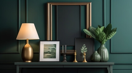 Mockup frame close up in dark green farmhouse living room interior. Generative Ai