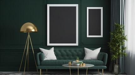 Picture frame mockup hanging in modern living room home decor interior. Generative Ai