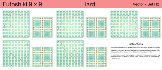 5 Hard Futoshik 9 x 9 Puzzles. A set of scalable puzzles for kids and adults, which are ready for web use or to be compiled into a standard or large print activity book.