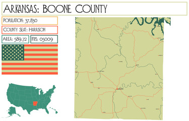 Large and detailed map of Boone County in Arkansas, USA.