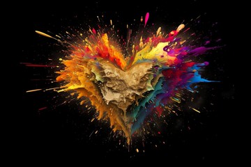 Colorful Explosion in Heart Shape - Abstract Wallpaper on Black Background by generative ai