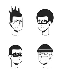 Men expressing disgust, anger monochromatic flat vector character faces pack. Black and white avatar icons. Editable cartoon user portraits. Hand drawn spot illustrations for web graphic design