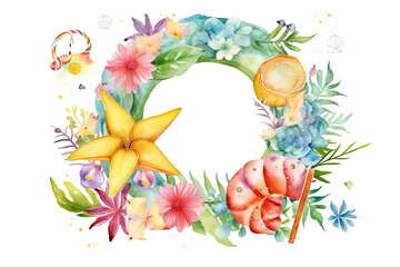 Obraz na płótnie Canvas Set of watercolor summer wreath on white background. Ai generative.