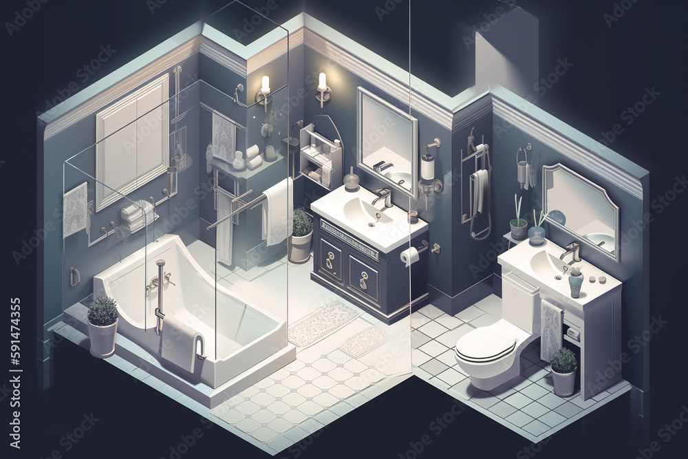 Wall mural isometric view to well designed bathroom showcase, ai generative image