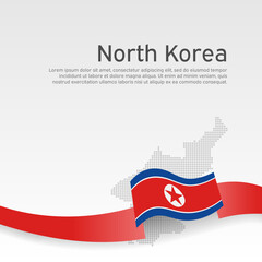 Fototapeta premium North korea flag, map on white background. Vector brochure design. Democratic People Republic of Korea flag. DPRK. Wavy ribbon with north korean banner. National poster, cover. Patriotic banner, flyer