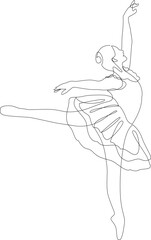 Continuous line drawing of Ballerina doing arabesque. Ballet dancer black line sketch on white background. Vector illustration.
