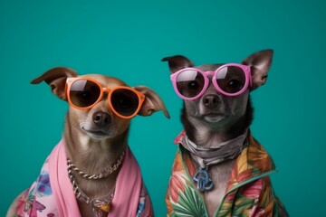 Illustration of two cute dogs wearing sunglasses a collar with colourful clothes created with Generative AI technology