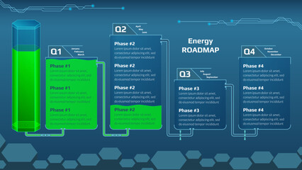 Horizontal roadmap for game project with energy tank and quarters connected by pipes with taps on blue background. Timeline infographic template for business presentation. Vector.