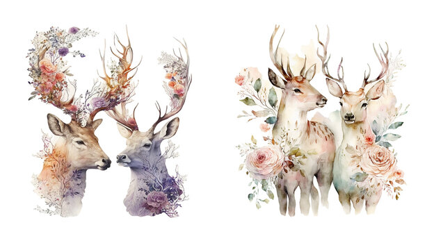 Cute romantic deers with horns flower bouquets created with Generative AI technology
