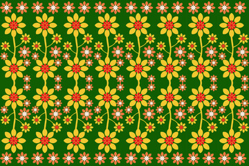 Continuous fabric pattern green yellow red white, pink flowers for pillows blankets bed sheets printed tablecloths