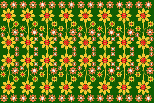 Continuous fabric pattern green yellow red white, pink flowers for pillows blankets bed sheets printed tablecloths