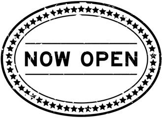 Grunge black now open word oval rubber seal stamp on white background