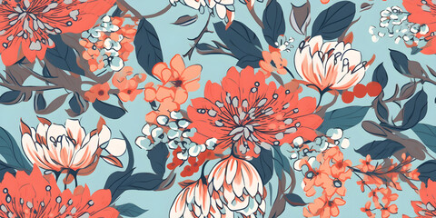 Floral pattern. Seamless pattern with decorative flowers and plants. AI