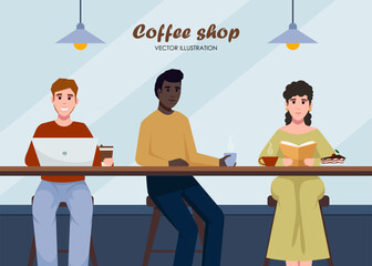 People coffeehouse. Flat young people communicating and working in coffeehouse. People relax at city cafe. Characters eat dessert and drink coffee or tea at coffeeshop.