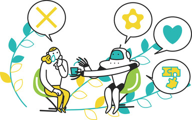 悩みごとをロボットに相談し、なぐさめられている女性　イラスト素材	
