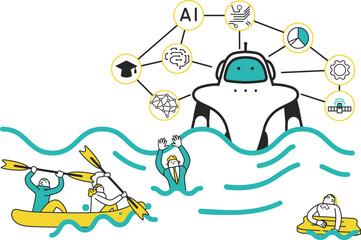 技術革新の波に溺れたり挑んだりする人々と圧倒的な人口知能　イラスト素材
