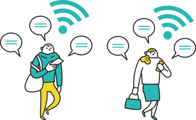 歩きスマホをしながら歩く男性と女性　セット　イラスト素材
