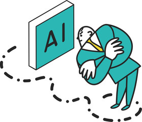 迷いながらもAIをにらみつけるビジネスパーソン　イラスト素材
